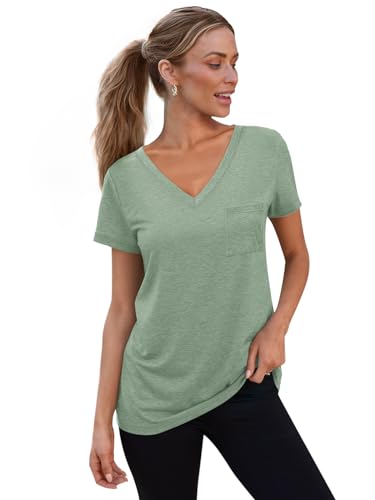 V Neck Loose Fit Casual Summer Tee with Pocket