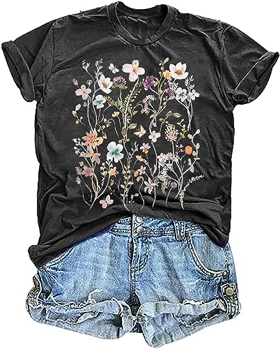 Vintage Floral Wildflower Graphic T Shirt, Casual Women's