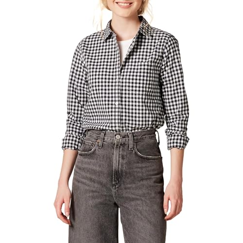 Women's Black White Gingham Button-Down Shirt, X-Large