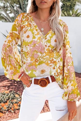 Boho V-Neck Long Sleeve Floral Blouse - Yellow