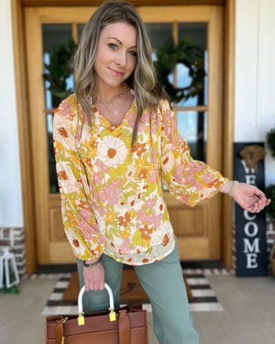 Boho V-Neck Long Sleeve Floral Blouse - Yellow