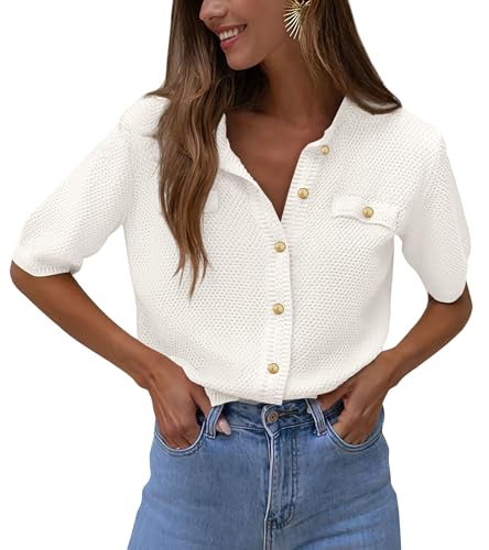 PRETTYGARDEN Women's Casual Summer Knit Blouse - White