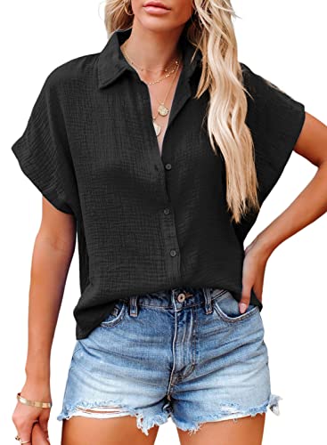 Black V-Neck Button Down Loose Fit Tunic Tops