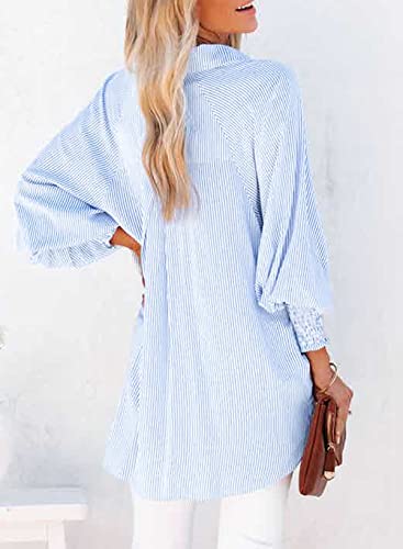 Blue Striped Smocked Long Sleeve Boyfriend Shirt