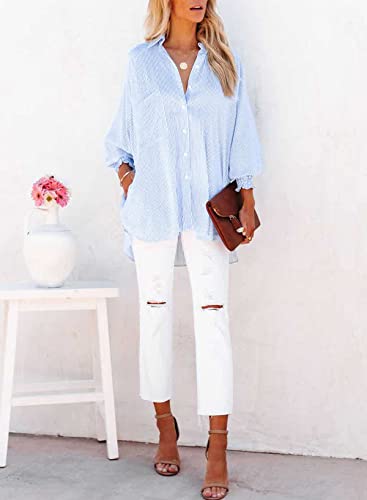 Blue Striped Smocked Long Sleeve Boyfriend Shirt