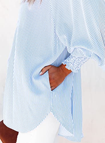Blue Striped Smocked Long Sleeve Boyfriend Shirt
