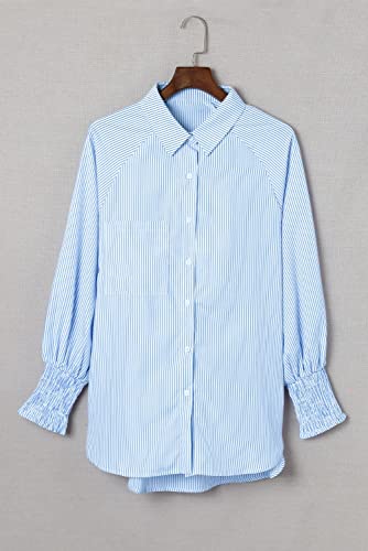 Blue Striped Smocked Long Sleeve Boyfriend Shirt