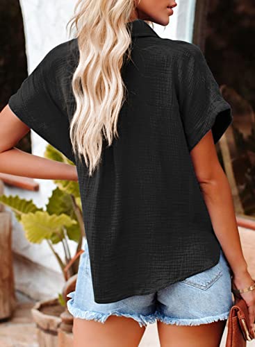 Black V-Neck Button Down Loose Fit Tunic Tops