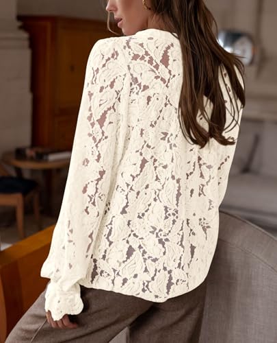 PRETTYGARDEN Women's Lace Long Sleeve Blouse - Beige