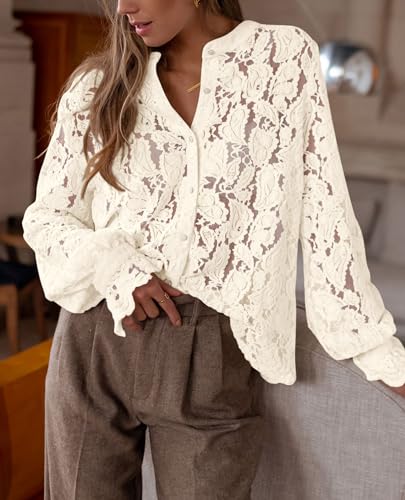 PRETTYGARDEN Women's Lace Long Sleeve Blouse - Beige