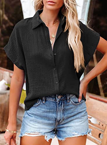 Black V-Neck Button Down Loose Fit Tunic Tops