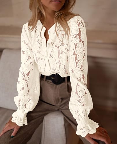 PRETTYGARDEN Women's Lace Long Sleeve Blouse - Beige