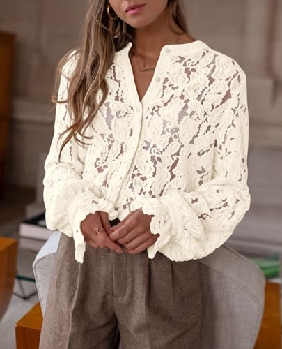 PRETTYGARDEN Women's Lace Long Sleeve Blouse - Beige
