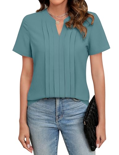 Turquoise Short Sleeve Pleated Blouse for Women