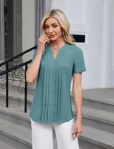 Turquoise Short Sleeve Pleated Blouse for Women