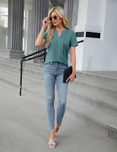 Turquoise Short Sleeve Pleated Blouse for Women