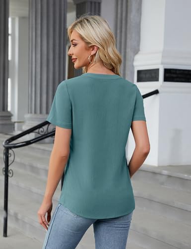 Turquoise Short Sleeve Pleated Blouse for Women