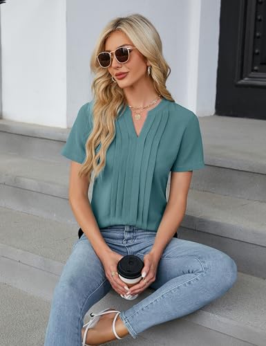 Turquoise Short Sleeve Pleated Blouse for Women