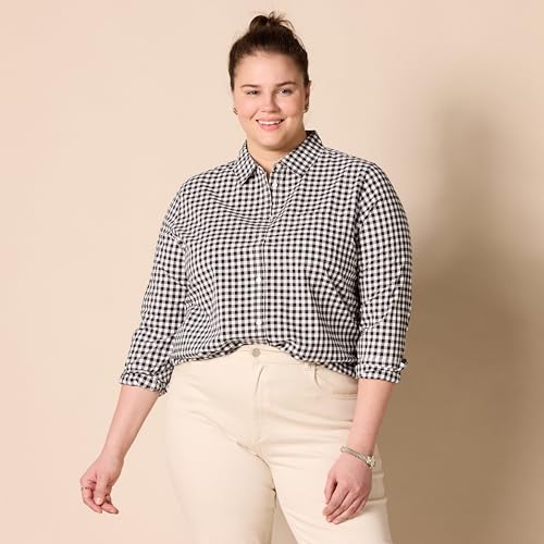 Women's Black White Gingham Button-Down Shirt, X-Large