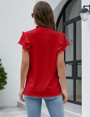 Elegant Ruffle Sleeve V-Neck Casual Top - Red