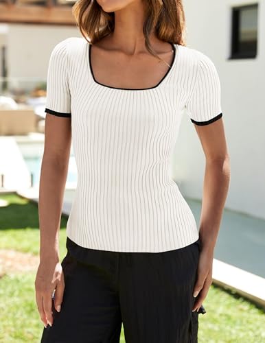 ZESICA Women's Color Block Square Neck T-Shirt