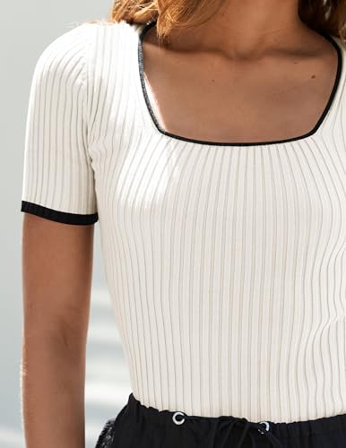 ZESICA Women's Color Block Square Neck T-Shirt