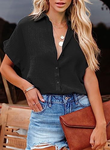 Black V-Neck Button Down Loose Fit Tunic Tops