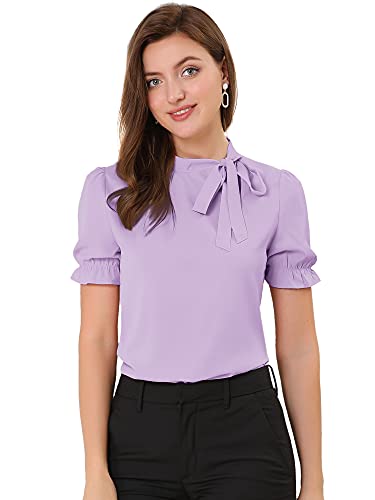 Elegant Bow Tie Neck Short Sleeve Blouse - Purple