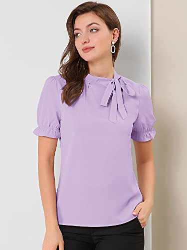 Elegant Bow Tie Neck Short Sleeve Blouse - Purple