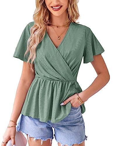 Summer Peplum Blouse - Short Sleeve V Neck