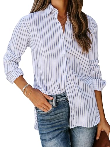 Blue and White Striped Long Sleeve Button Down Blouse