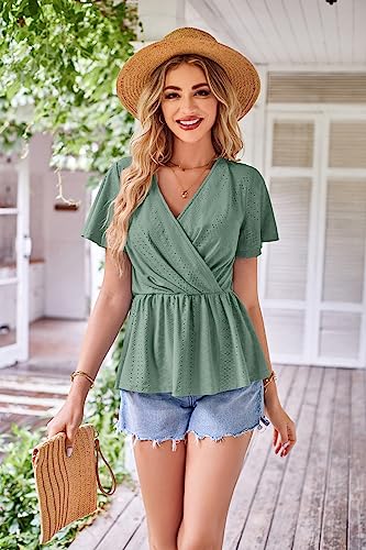 Summer Peplum Blouse - Short Sleeve V Neck