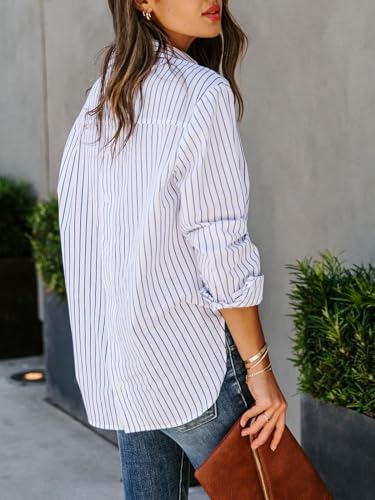 Blue and White Striped Long Sleeve Button Down Blouse