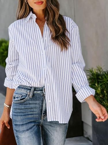 Blue and White Striped Long Sleeve Button Down Blouse