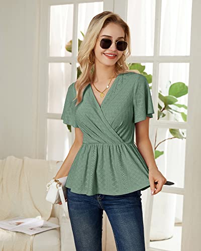 Summer Peplum Blouse - Short Sleeve V Neck
