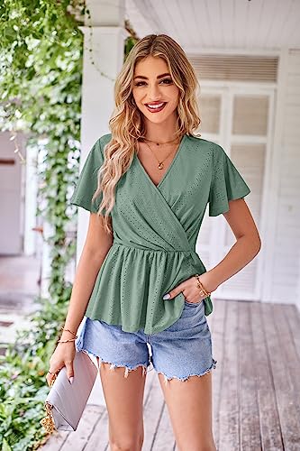 Summer Peplum Blouse - Short Sleeve V Neck