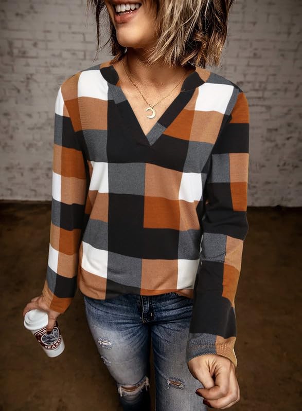 Dokotoo Women's Plaid V-Neck Tunic Blouse - Orange