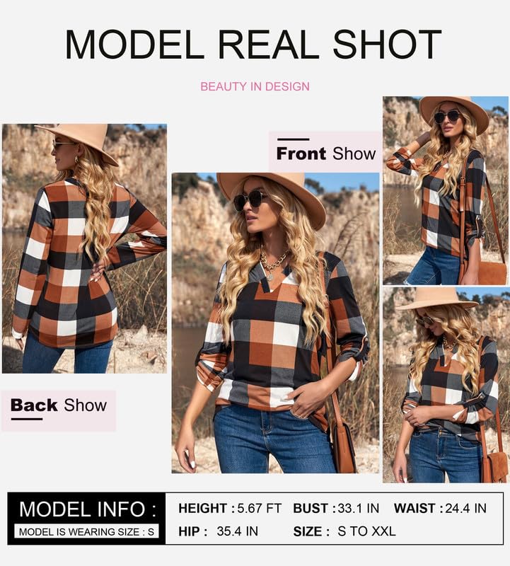 Dokotoo Women's Plaid V-Neck Tunic Blouse - Orange