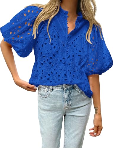 BTFBM Women's Boho Puff Sleeve Eyelet Blouse