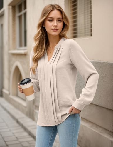 Pleated V-Neck Long Sleeve Blouse - Apricot