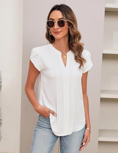 Trendy Ivory V-Neck Women's Blouse with Petal Sleeves