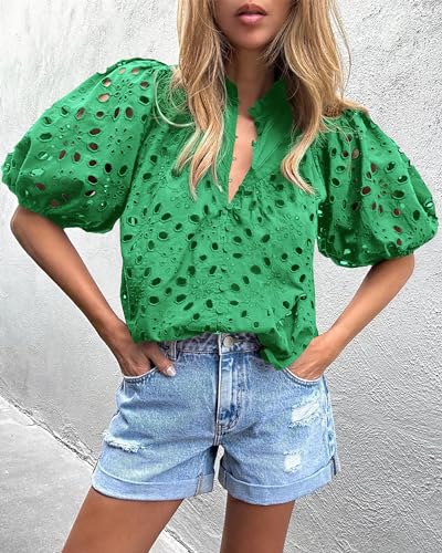 PRETTYGARDEN Women's V-Neck Lace Embroidered Blouse