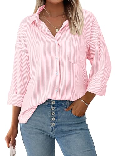Pink Striped Loose Fit Button Down Blouse