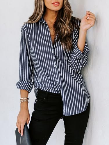 Women's Long Sleeve Striped Button-Down Shirt - Deep Gray