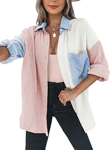 Dokotoo Women's Color Block V Neck Button Down Shirt