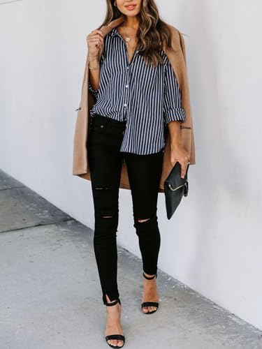 Women's Long Sleeve Striped Button-Down Shirt - Deep Gray