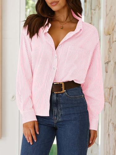 Pink Striped Loose Fit Button Down Blouse