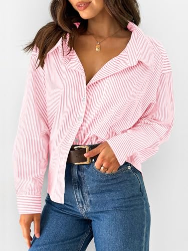 Pink Striped Loose Fit Button Down Blouse
