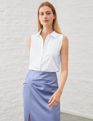 Zeagoo Women's Button Down Sleeveless Blouse, White, XL