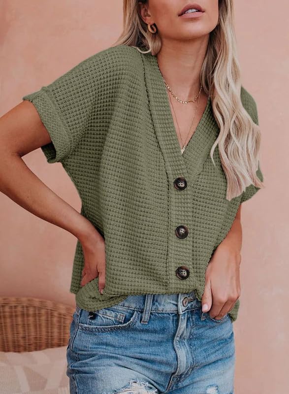 Dokotoo Women's Summer V-Neck Button-Down Shirt